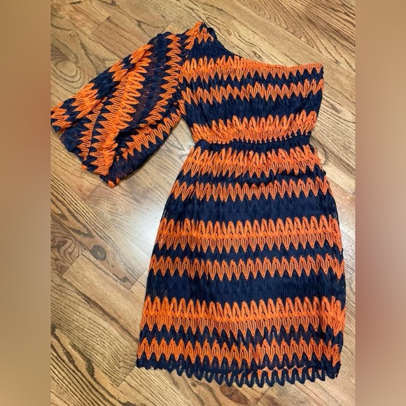 Judith March orange and blue one shoulder dress with bell sleeve. Size small - Picture 2 of 2